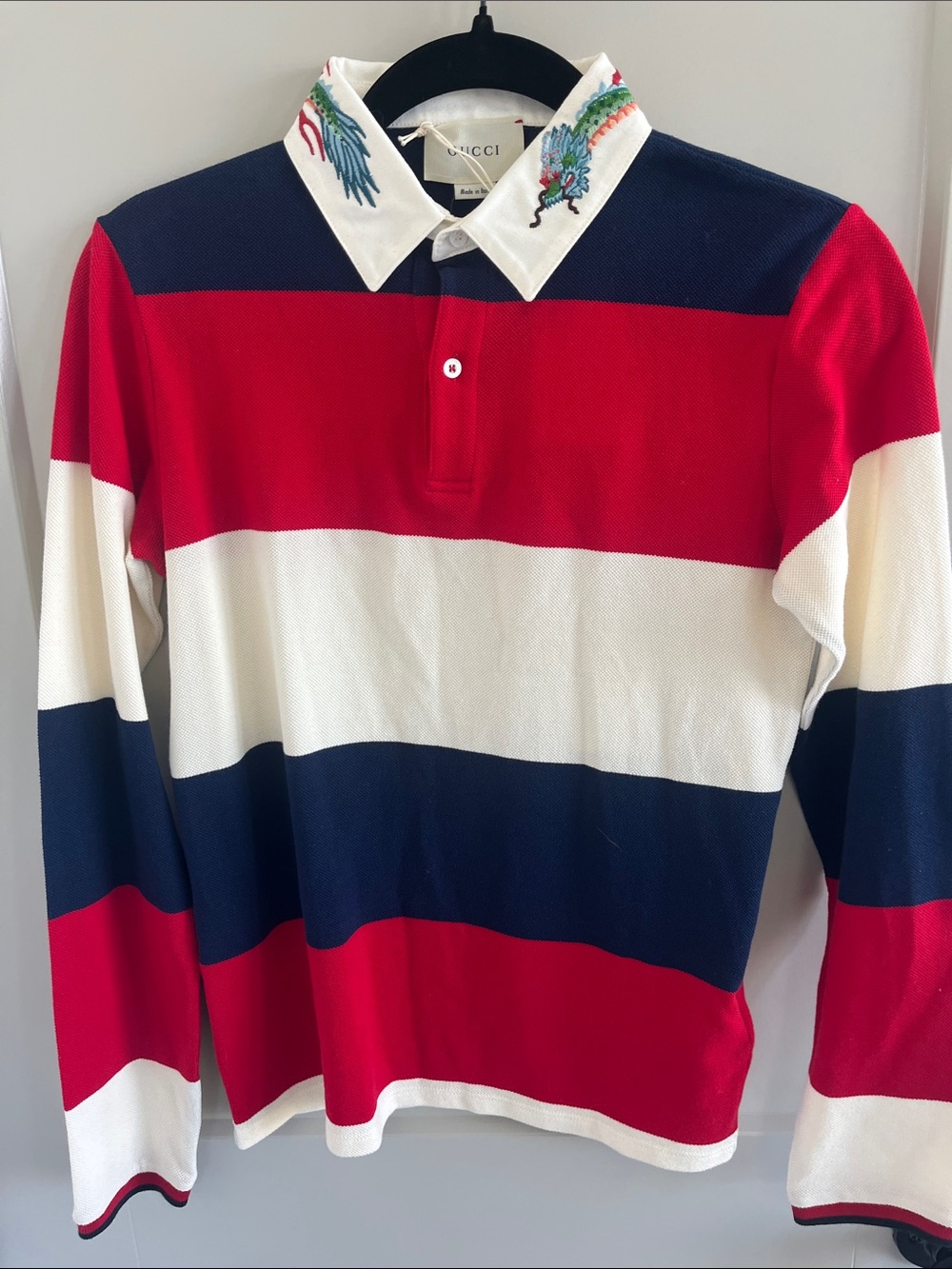 NWT Gucci Red White Navy Striped Long-Sleeve Rugby Polo XS